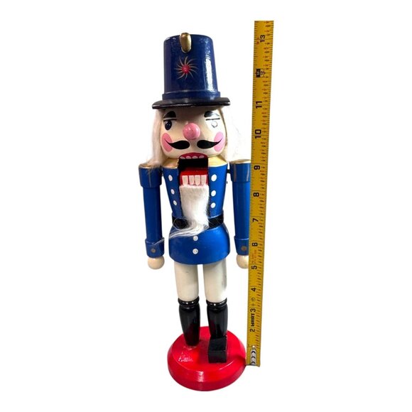 Vintage Wooden Blue Toy Soldier Nutcracker Red Base & Hat Christmas Holiday READ - Picture 3 of 9